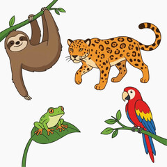 Fototapeta premium An enchanting collection of diverse cartoon jungle animals, featuring a sloth, jaguar, frog, and macaw, all depicted in vibrant, friendly illustrations.