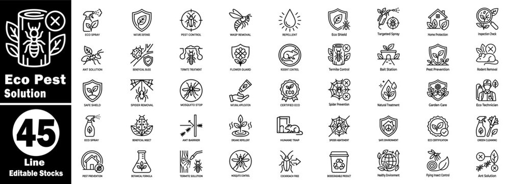 Eco pest solution icons set. Natural insect control, green cleaning botanical formula, and safe home protection methods.