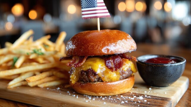 Savory bacon cheeseburger with crispy fries and a tiny flag