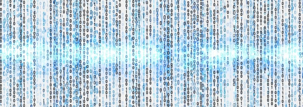 Vertical rows of blue and gray pixels form a pattern with bright horizontal light streaks
