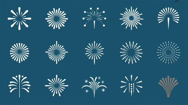 Collection of white firework explosion icons on blue background