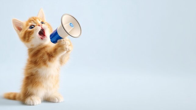 Cute orange kitten holding a megaphone, shouting or announcing on megaphone, copy space, playful advertising concept.