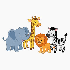 Fototapeta premium A charming illustration featuring an adorable cartoon elephant, giraffe, lion, and zebra standing together on a clean white background.