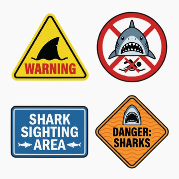 A comprehensive collection of four distinct shark warning signs, each with clear symbols and text conveying danger and caution, perfect for beach or marine safety notifications.