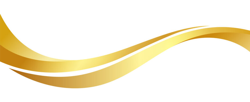 Golden stripe swoosh tail wave, curve swish flow. Flowing glossy abstract yellow fluid swirl, line or trail. Shimmering gold metallic wavy ribbon with smooth curves, suggesting motion and luxury