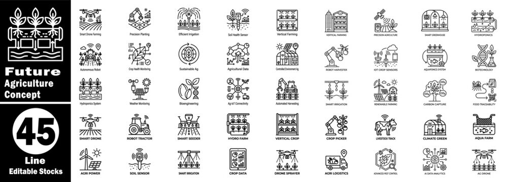 Future agriculture concept line icons. The collection features smart farming technology, drone automation, and precision irrigation set.