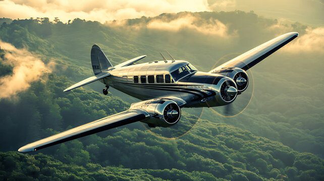 Vintage airplane, silver aircraft, flying low, over mountains, green landscape