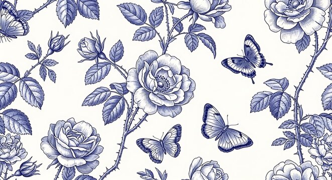 Elegant blue and white floral pattern with delicate butterflies