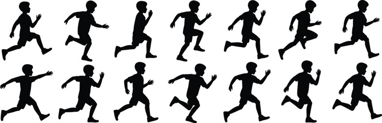 Collection of active young boys running in various poses pitch black solid silhouette set cad drawing flat vector illustration design © MdMarijul