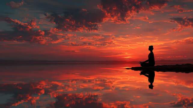 Yoga silhouette at sunset beside calm water with peaceful reflection and meditation