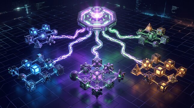 Neon API flowchart glowing purple green lines microservices concept. Futuristic digital network with vibrant nodes interconnected by glowing lines.