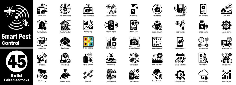 Smart pest control vector icons set. Showing the monitoring and detection of insects and rodents in homes and gardens.