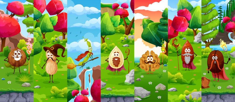Cartoon nut Halloween sorcerer mage or wizard characters collage. Funny vector magical nuts and seeds fairytale personages dressed as magicians with capes, staffs and hats in fantasy forest landscapes