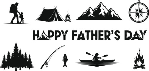Fototapeta premium Happy father's day outdoor adventure greeting card with camping hiking and fishing silhouettes
