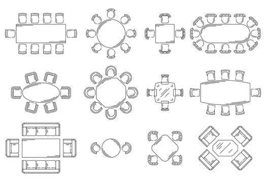 Event, conference and restaurant seat plan diagram. Architectural layouts and interior scheme with banquet and dining tables, cocktail round tables, sofa lounge areas and multi chair arrangement