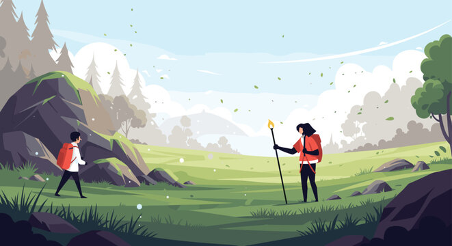 Travelers hiking through a lush green valley with distant hills and scattered trees under a bright breezy sky for adventure concepts.