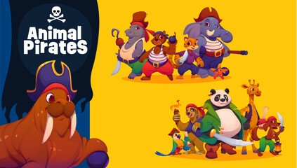 Fototapeta premium Cartoon funny animal pirates and corsairs characters of Caribbean adventure. Animal pirates crew of elephant captain with panda corsair sailor and parrot skipper, giraffe boatswain and sloth seaman