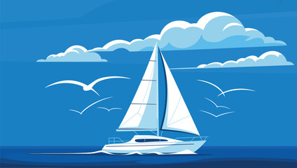 Fototapeta premium Elegant white sailboat with full sails gliding on blue ocean water with clouds and flying seagulls vector illustration, sailboat