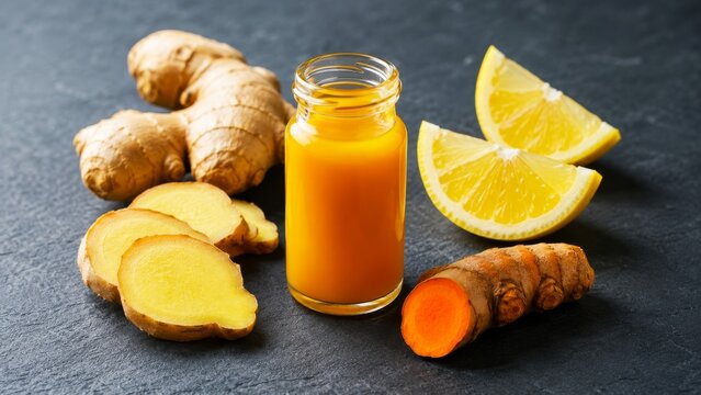 A vibrant arrangement featuring ginger, turmeric, and lemon, showcasing health benefits and natural ingredients for wellness.