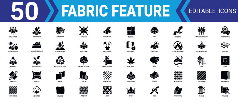 Solid icon collection 50 editable vector fabric feature illustrations mega pack
