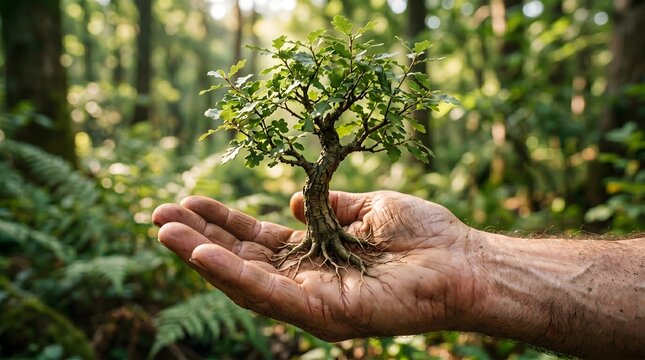 Man's hand holding small oak sapling with roots exposed in forest