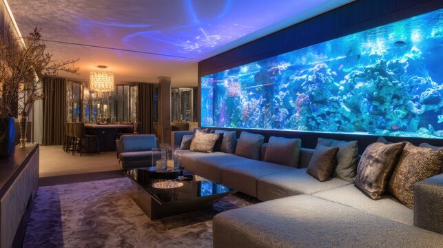 Ultra modern luxury apartment with giant illuminated aquarium wall as centerpiece, blue glowing reflections, elegant contemporary furniture