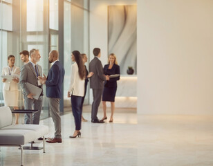 Fototapeta premium Blurred premium corporate office interior with elegant lighting and modern design. Luxury business workspace concept ideal for finance, management and executive themes. 