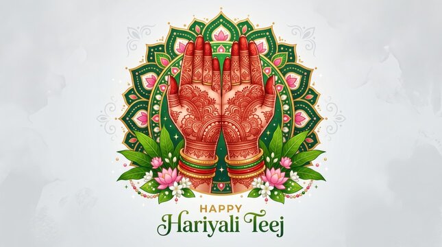 Hariyali Teej festival greeting with henna hand, floral pattern and text