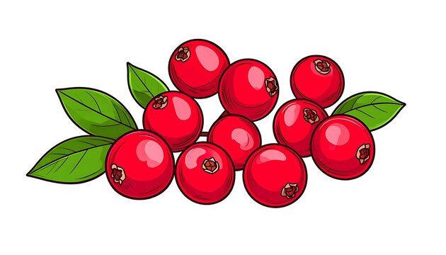 Pile of fresh red cranberries with green leaves, healthy food and natural ingredients, isolated on white background