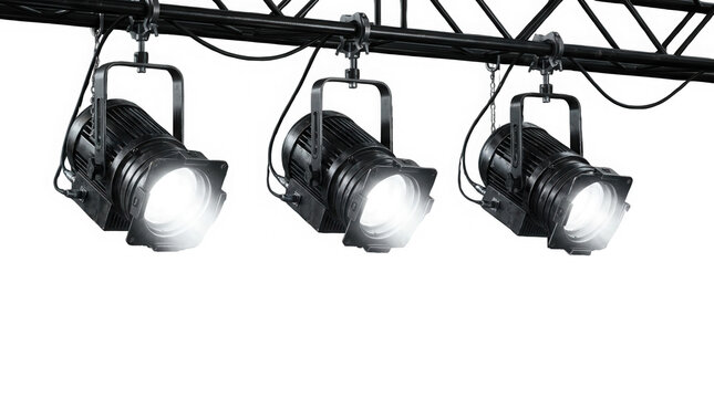 Three black stage spotlights are suspended from a metal truss system stage lighting