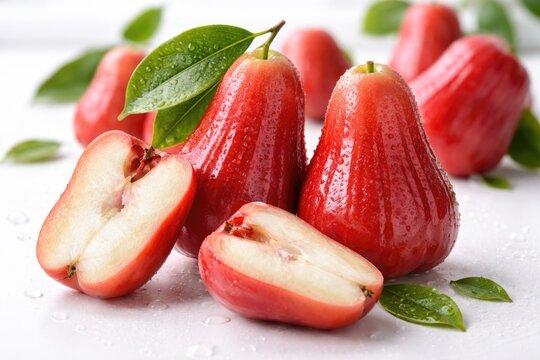 Juicy rose apple fruit presented on bright white background