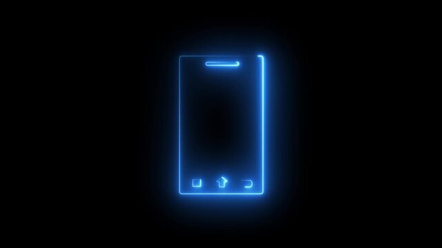 Neon glowing smartphone animation, digital mobile technology sign, minimalist blue light interface for apps and tech presentations