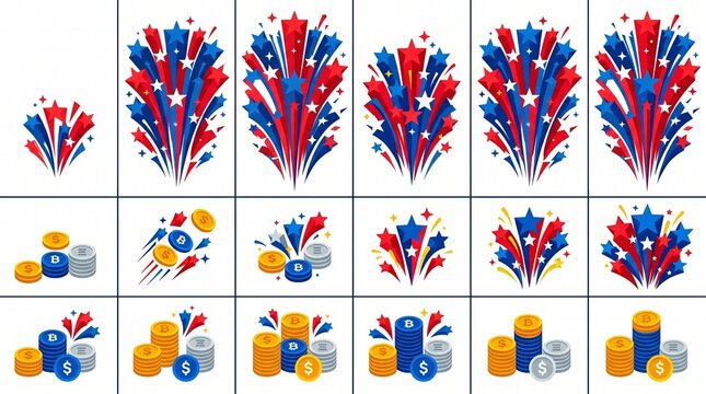 Vibrant red, white, and blue fireworks animation sprite sheet, a festive explosion of stars and bursts. Game assets for celebratory events, patriotic holidays