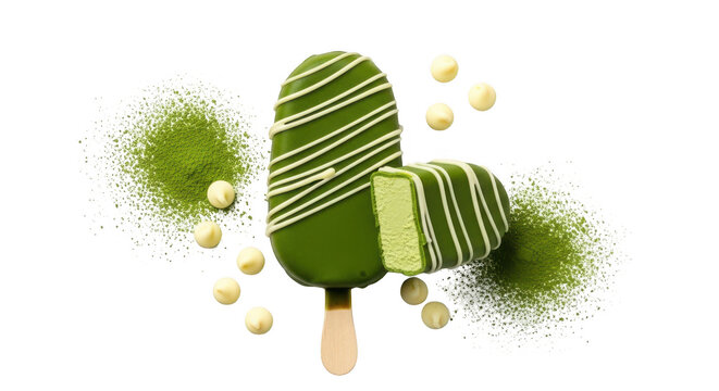 Matcha green tea ice cream bar with white chocolate drizzle isolated on transparent background