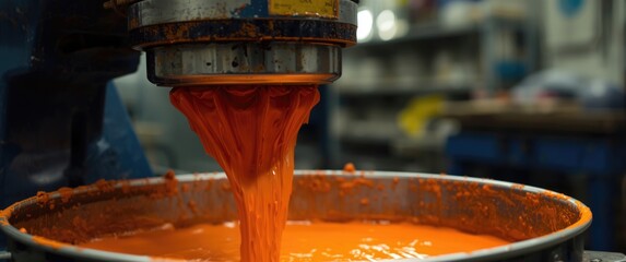 Bright Orange Paint Being Mixed Workshop Environment Close-Up, Industrial Machine © vxnaghiyev