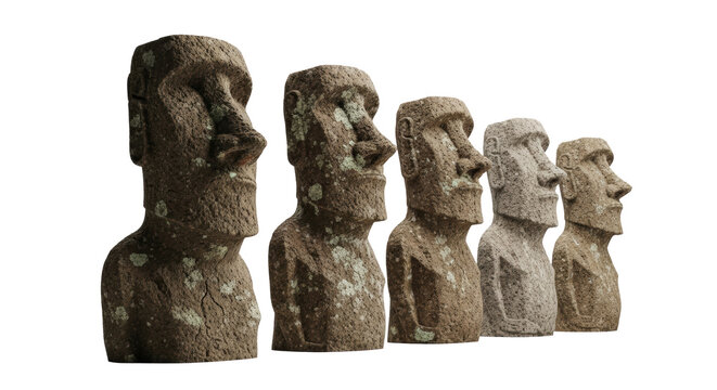 Five weathered moai statues in a line against a uniform gray background with bright studio lighting, timeless mystery and monumental strength concept