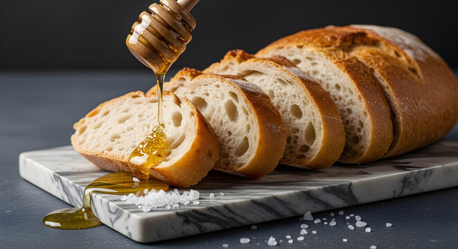 Sliced bread on marble board with honey dipper drizzling golden honey
