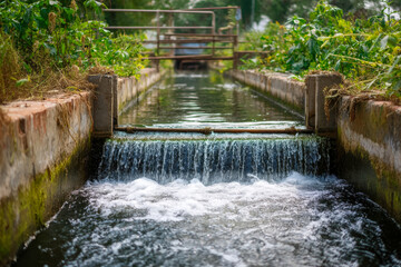 Obraz premium Garden water channel with small cascade and greenery for sustainable landscape and ecology concepts