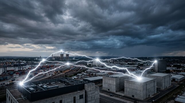 Industrial buildings and power grid transmitting electrical energy under a stormy sky