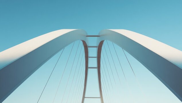 A modern suspension bridge's elegant white arches rise against a clear blue sky