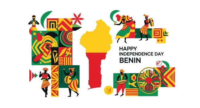 Happy Independence Day Benin with traditional art and dancers