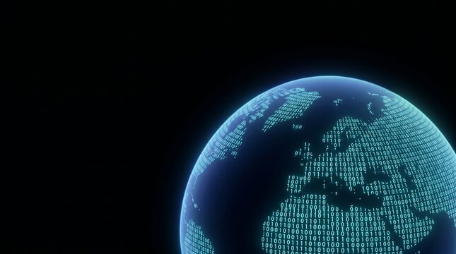 Digital globe with binary code on dark background for global data and tech.