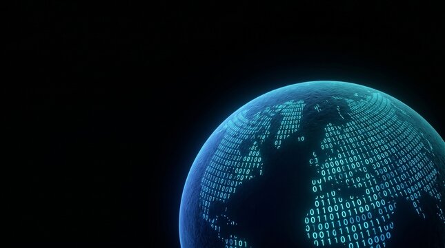 Digital earth globe with binary code representing global data and technology.