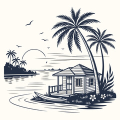 Obraz premium tropical island hut with palm trees and ocean view vintage woodcut style illustration