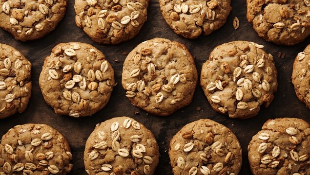 Homemade Oatmeal Cookies on Baking Sheet Close-Up, Rustic, Warm Colors