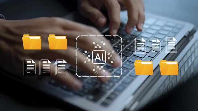 AI document management concept. Person using laptop with artificial intelligence and digital file icons, smart document organization, automated workflow and information management.