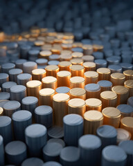 Fototapeta premium Abstract field of metallic cylinders with golden highlights for data, finance, and technology background