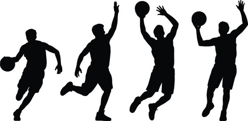 Basketball players action set cad drawing flat vector illustration of pitch black solid silhouette dribbling jumping shooting isolated on white © Rasida