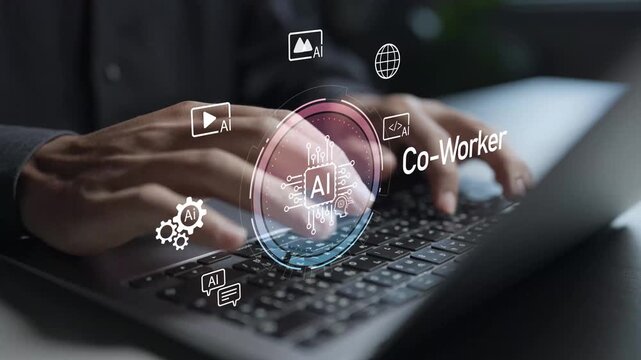 Artificial intelligence co worker platform concept. Person using laptop with AI assistant and workflow icons, human and AI collaboration, intelligent support and digital workplace solutions.