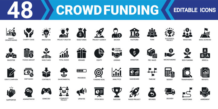 Solid icon collection 48 editable vector illustrations for crowdfunding mega pack